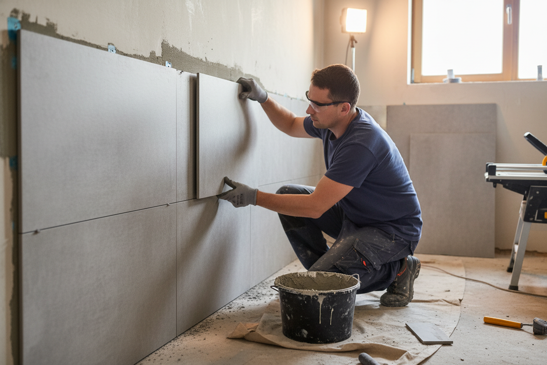 Tradesman installs Premium Heavy Duty Fibre Cement Board 1200 x 600 x 22mm, waterproof and anti-slip, ideal for soundproofing and acoustic insulation, using mortar, trowel, and mallet in a renovation setting.