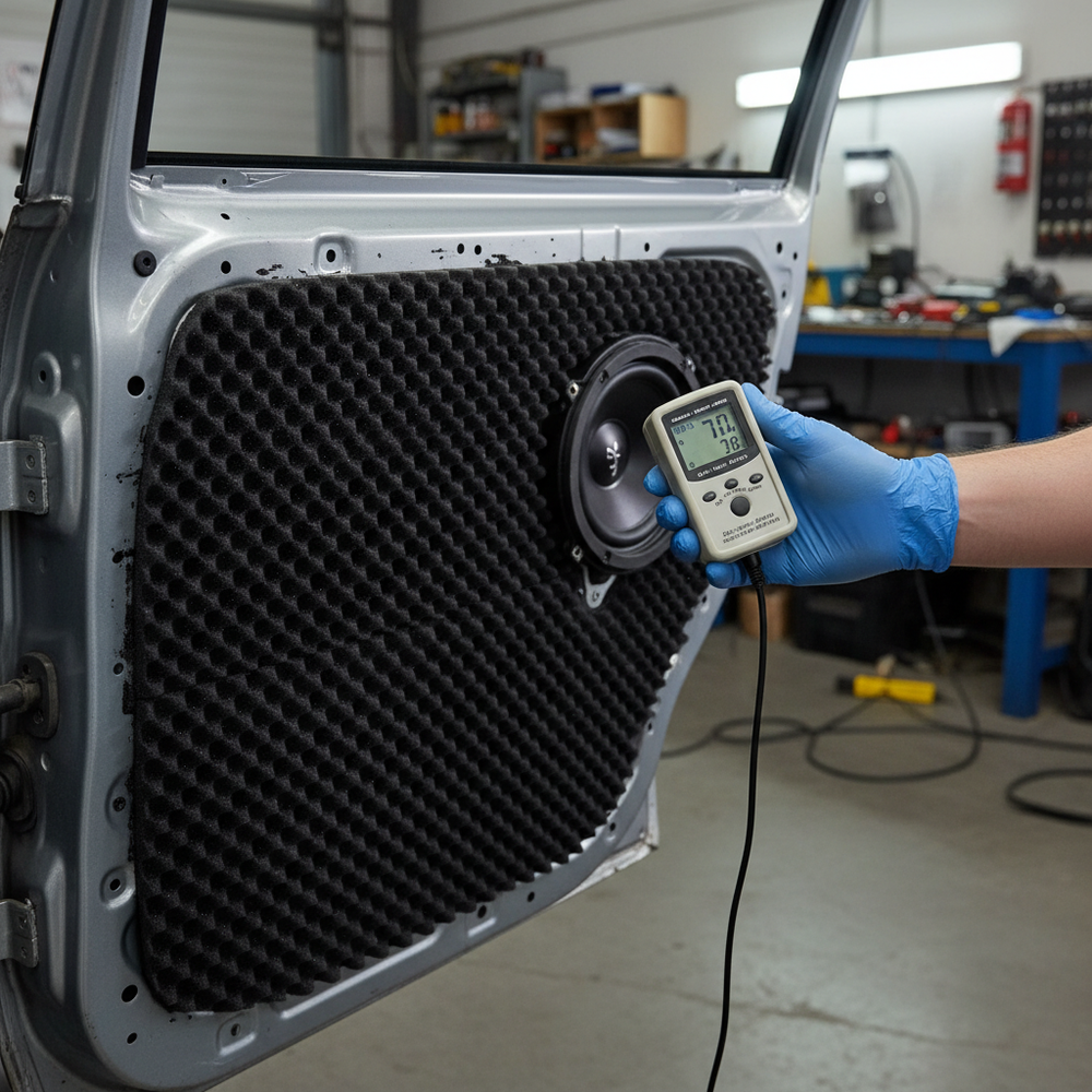 Gloved hand using a digital meter on a car door lined with Premium Sound Absorber Foam 35mm Thick - High-Performance Self-Adhesive Sheets for Noise Reduction and Echo Control, enhancing soundproofing and acoustic insulation.