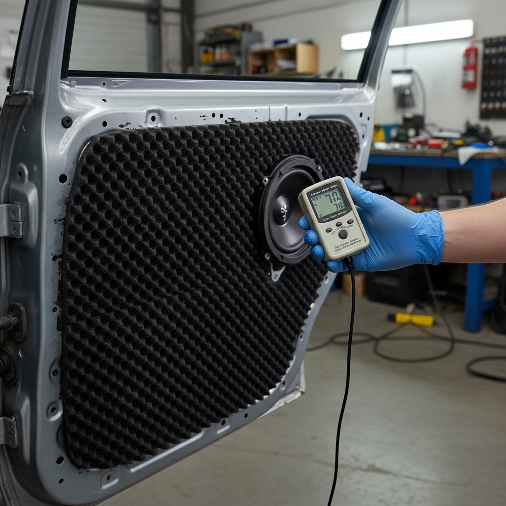 Gloved hand using a digital meter on a car door lined with Premium Sound Absorber Foam 35mm Thick - High-Performance Self-Adhesive Sheets for Noise Reduction and Echo Control, enhancing soundproofing and acoustic insulation.