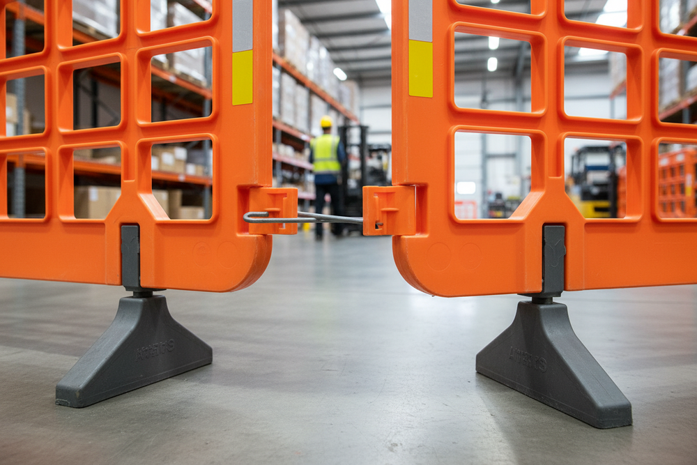 Two interlocked bright-orange safety barrier panels on black wedge-shaped feet. Background: warehouse with pallet racks, forklift, and worker. Note: not related to Premium Connecting Clip for suspended ceilings.