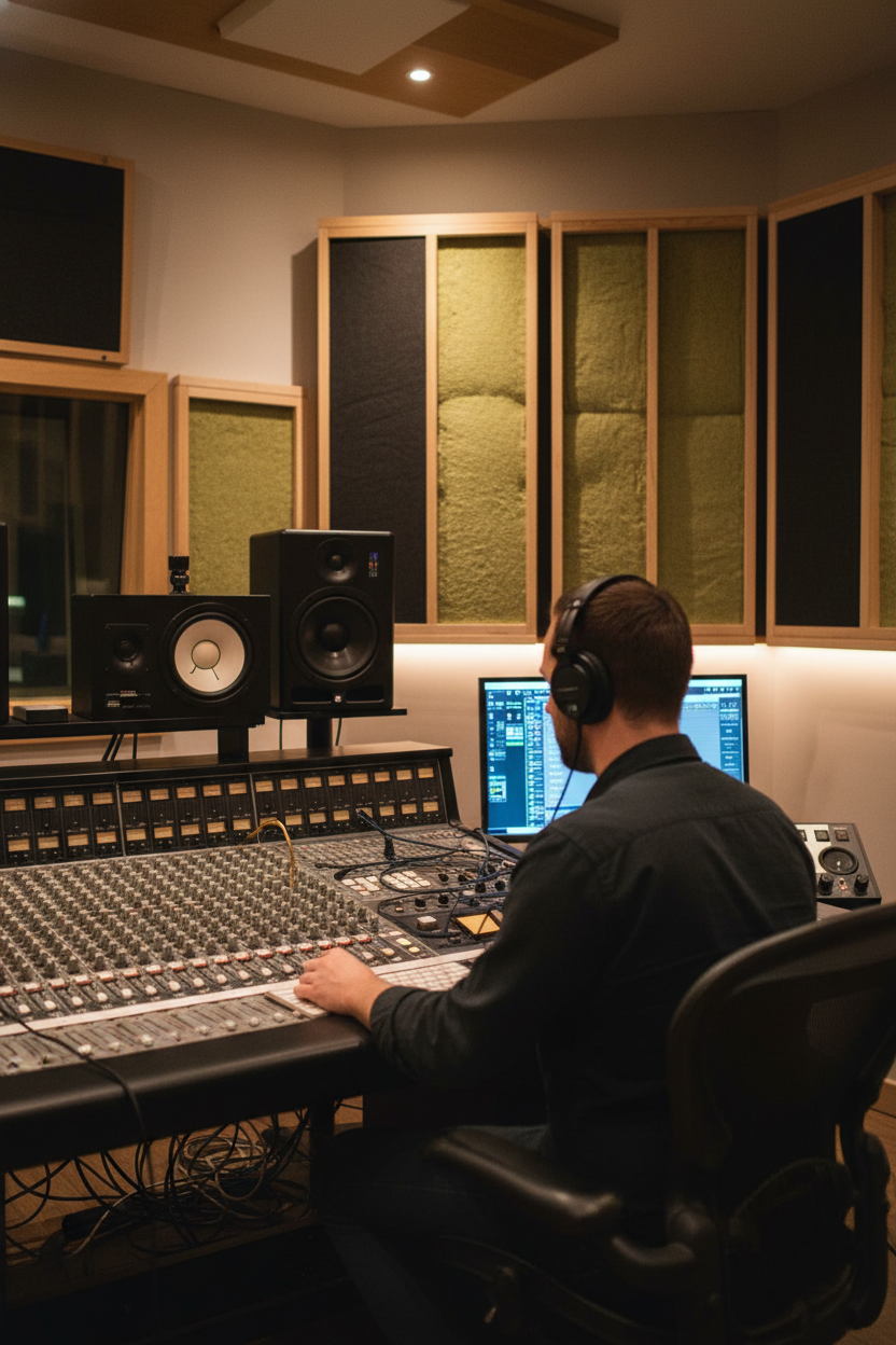 Premium Acoustic Mineral Wool Insulation for Sound Reduction in Floors, Ceilings, and Walls is visible in the professional audio control room, emphasizing its role in enhancing acoustic performance and noise reduction.