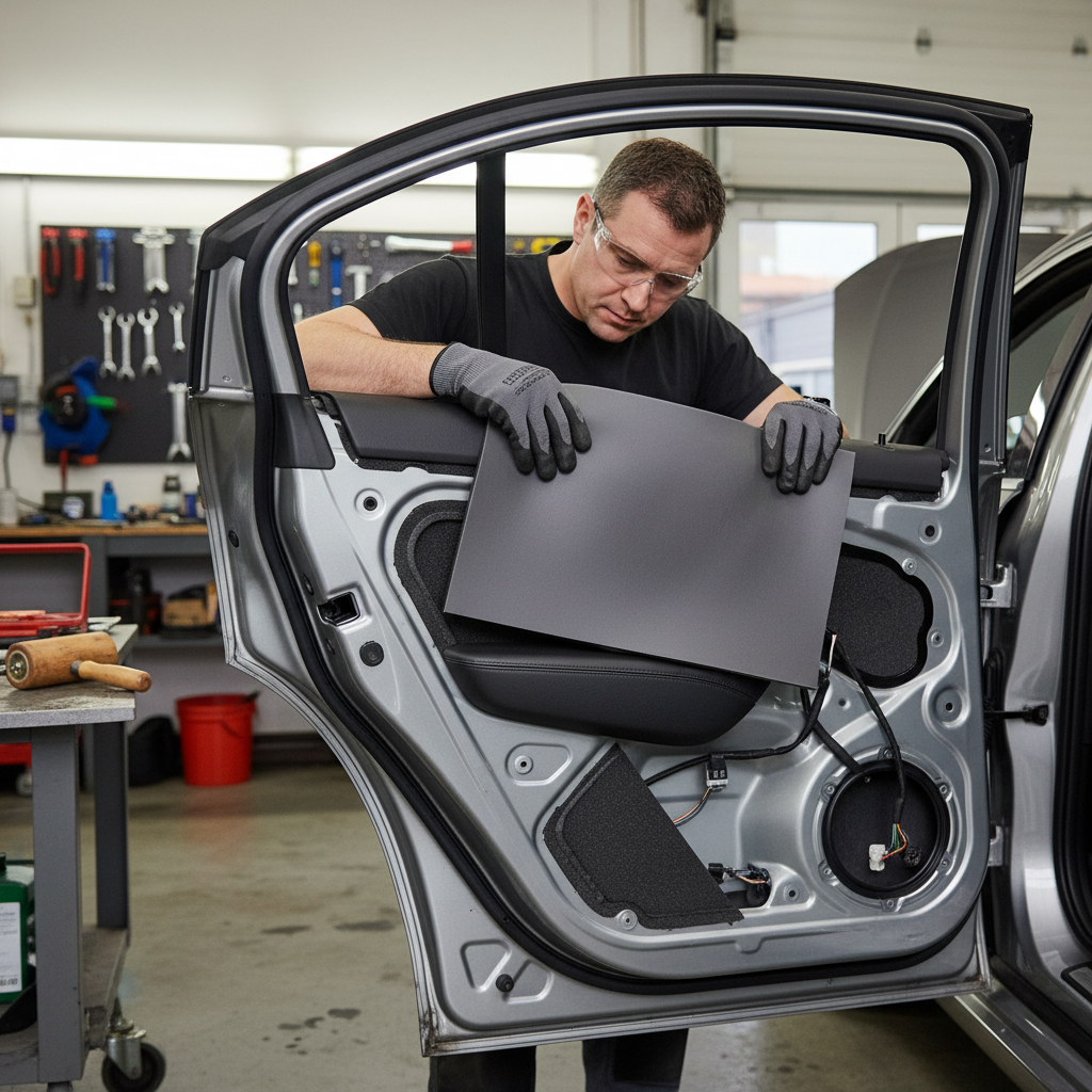 Technician working on car door interior, exposing wiring and speaker housing while installing High-Performance Mass Loaded Vinyl with Integrated Closed Cell Foam for Automotive Soundproofing - 600 x 900mm Sheet. Ideal for acoustic noise reduction.