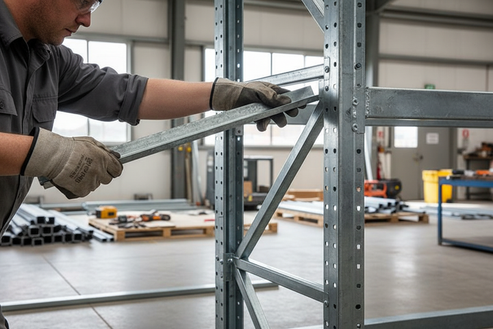 Worker assembling shelving system with Premium PP10 Angle Profile for Suspended Ceiling Systems. Ideal for commercial applications, ensuring soundproof and acoustic efficiency, meeting British and European standards for reliable noise reduction and sound insulation.
