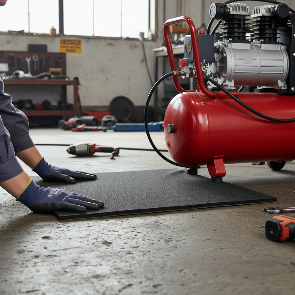 Person in a workshop setting applies the Premium Self-Adhesive Thermo-Acoustic Material 800x500mm - 6mm Thickness for Noise Reduction and Heat Insulation, amidst tools and equipment, showcasing its soundproof and acoustic qualities.