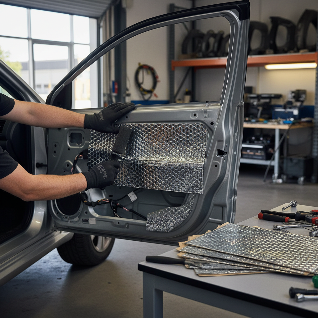 Technician applies Premium Sound Deadening Vibration Damper, featuring foil-backed, hex-embossed sheets for easy installation, to car door panel. Tools and additional soundproofing sheets visible nearby in workshop.