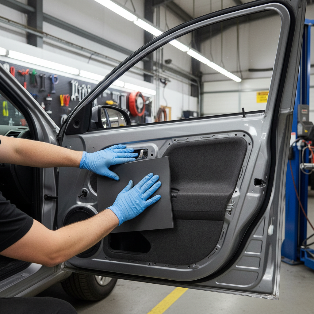 Technician fitting Premium Mass Loaded Vinyl with Closed Cell Foam Layer for Sound Insulation in Automotive Applications on car door, showcasing effective soundproofing and acoustic noise reduction in vehicle interiors.