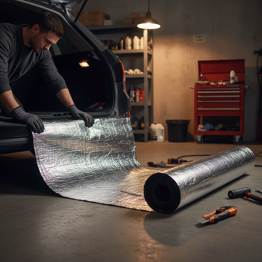 Man in a workshop kneeling by a car trunk, preparing Premium 6mm Thermo Liner Insulation Roll - 3 Square Meters with Improved Thermal Performance for Vans and Motorhomes, ideal for soundproofing and acoustic insulation.