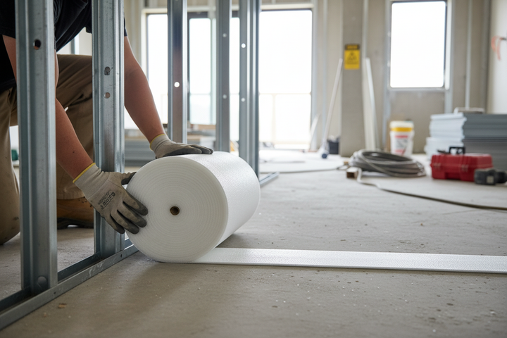 High-Performance Acoustic Isolation Flanking Strip 100mm x 50m Roll for Enhanced Sound Insulation is being unrolled on a construction site, surrounded by metal studs and drywall, ensuring optimal acoustic and noise reduction.