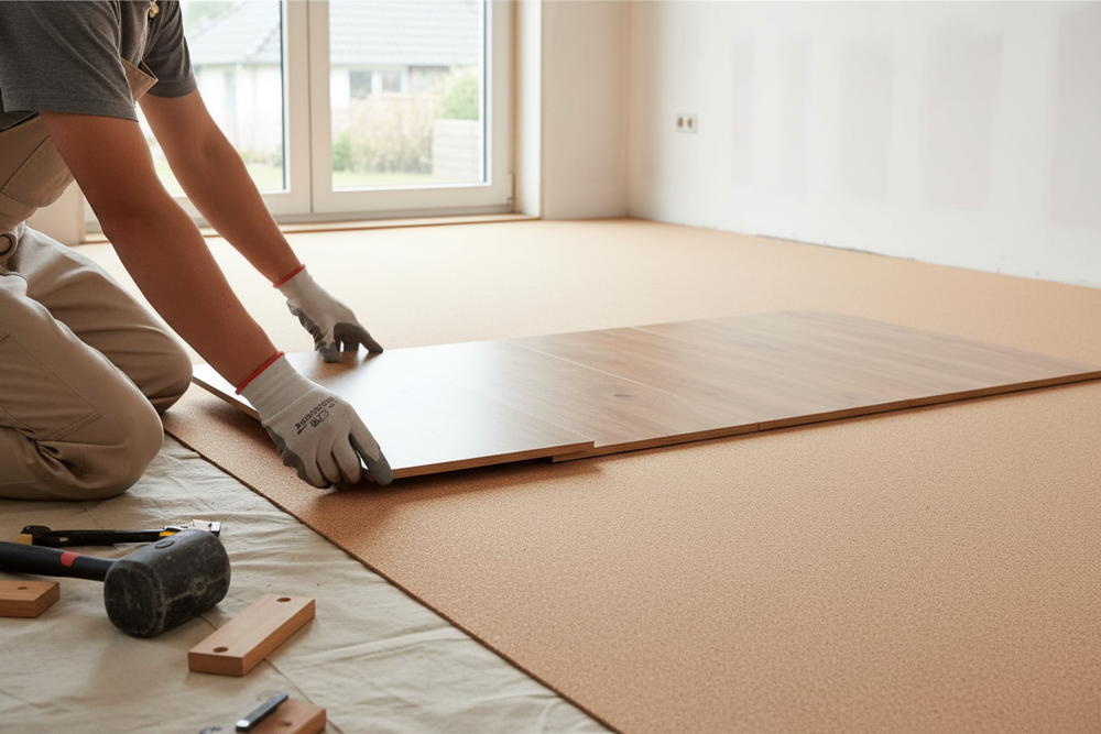 Installer fitting wood-look laminate over underlayment using tools, showcasing Premium Natural Cork Underlay Roll - 1 Meter x 7 Meters, ideal for soundproof flooring with acoustic insulation and moisture resistance.
