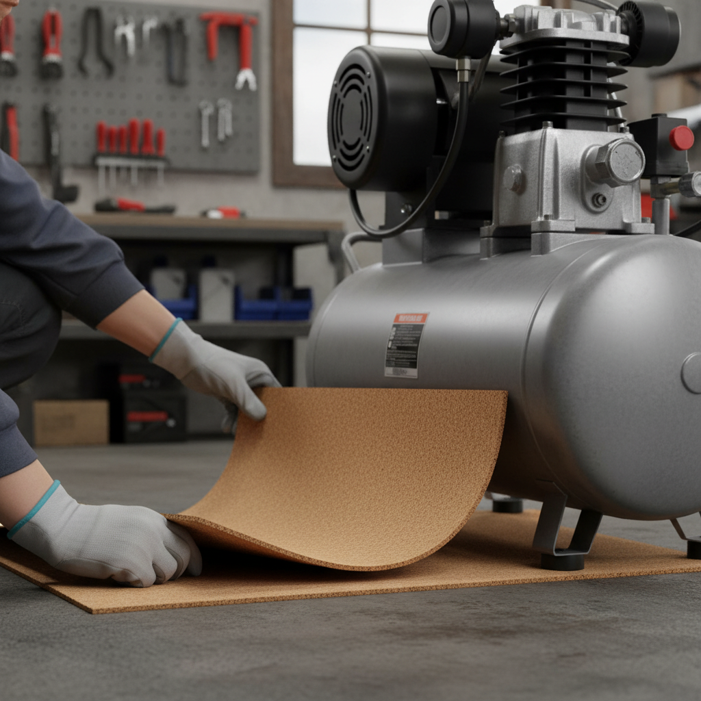 Premium High Density Cork Rolls - 915mm x 305mm, 4mm Thick - Pack of 3 for Versatile Underlay Applications: worker places mat under air compressor on workshop floor, enhancing noise reduction and vibration damping.