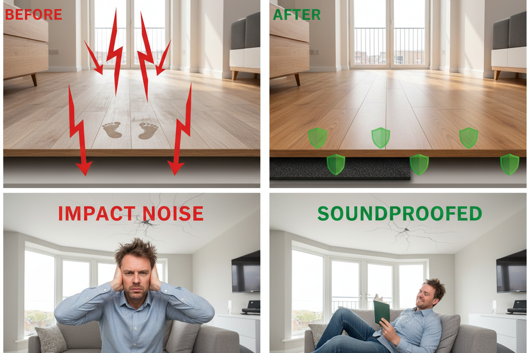 Four-panel illustration of the 3mm Acoustic Underlay Linear Metre – 54dB Noise Reduction | UK Part E showing soundproofing impact noise on wood floors; before and after effects with noise reduction and sound insulation benefits.