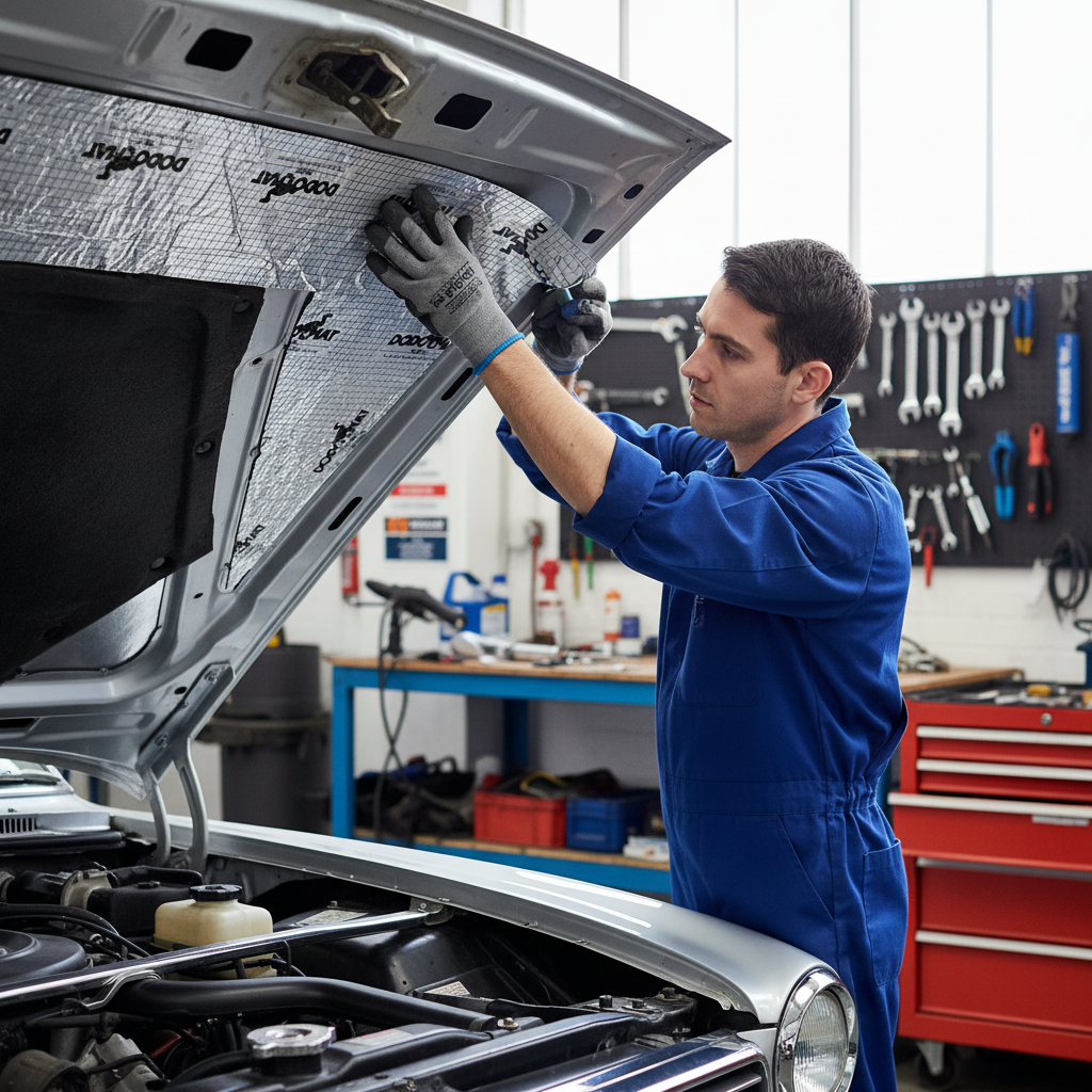 Mechanic installs Premium Thermal Acoustic Bonnet Liner - 10mm Reinforced Aluminium & Closed Cell Foam, enhancing soundproofing, noise reduction, and heat insulation under car hood in a workshop.