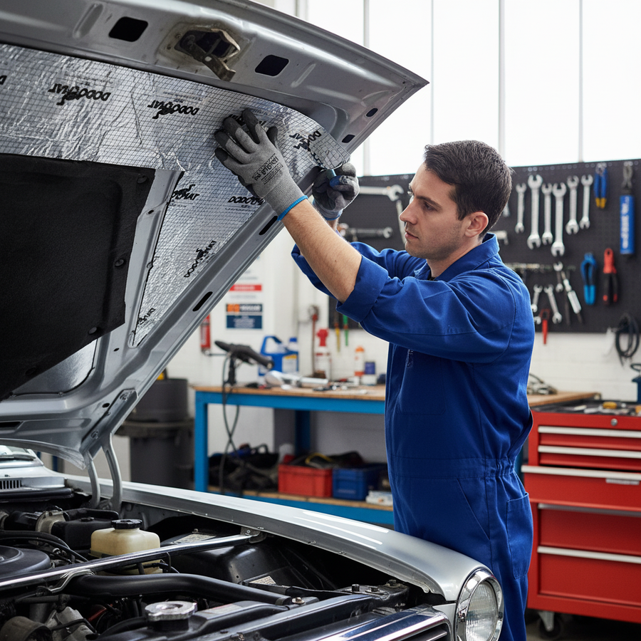 Mechanic installs Premium Thermal Acoustic Bonnet Liner - 10mm Reinforced Aluminium & Closed Cell Foam, enhancing soundproofing, noise reduction, and heat insulation under car hood in a workshop.