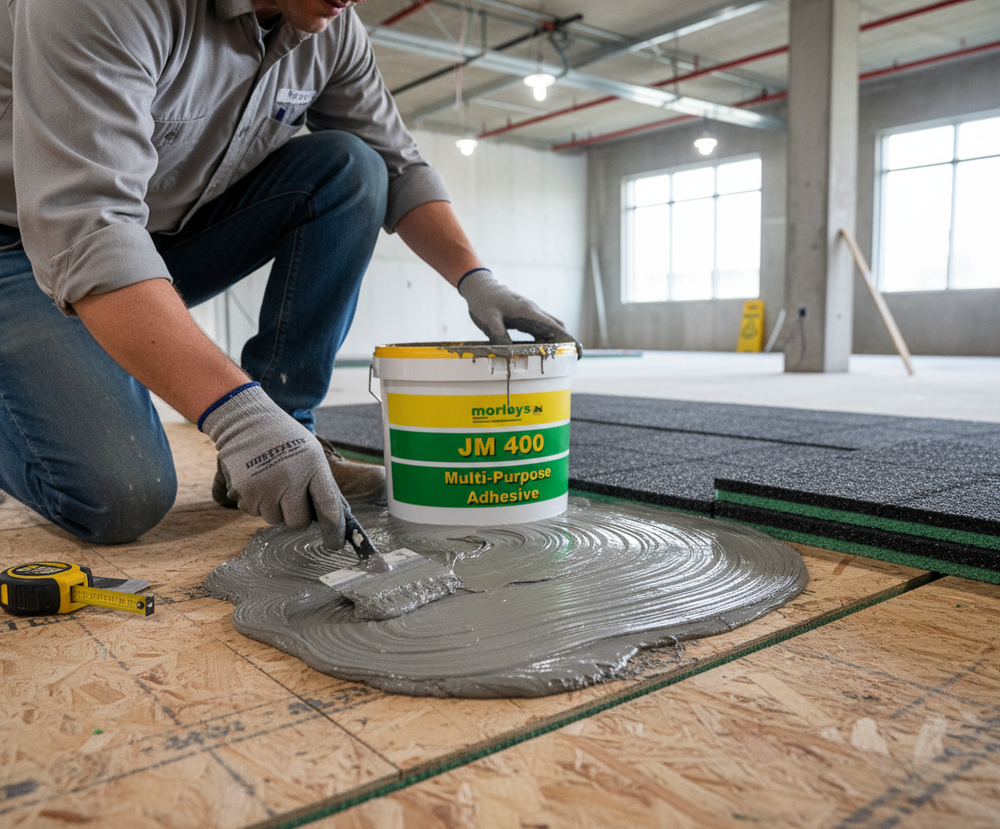Premium High-Performance Tilemat Adhesive 5kg - Solvent-Free, Fast Grab for Vinyl, Rubber, Carpet, shown being applied to a subfloor in a construction scene, ideal for soundproof and acoustic installations.
