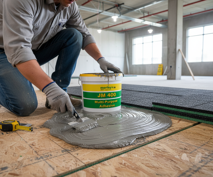 Premium High-Performance Tilemat Adhesive 5kg - Solvent-Free, Fast Grab for Vinyl, Rubber, Carpet, shown being applied to a subfloor in a construction scene, ideal for soundproof and acoustic installations.