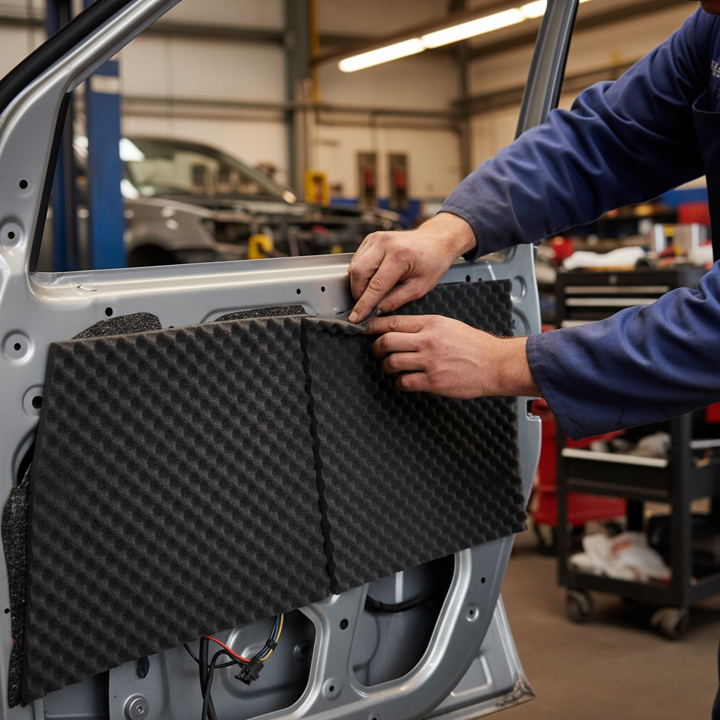 Mechanic installs Premium 15mm Acoustic Liner Foam Sheet for Automotive Interiors, enhancing noise absorption and speaker performance. This self-adhesive, soundproof foam offers superior acoustic insulation and vibration damping for car doors.