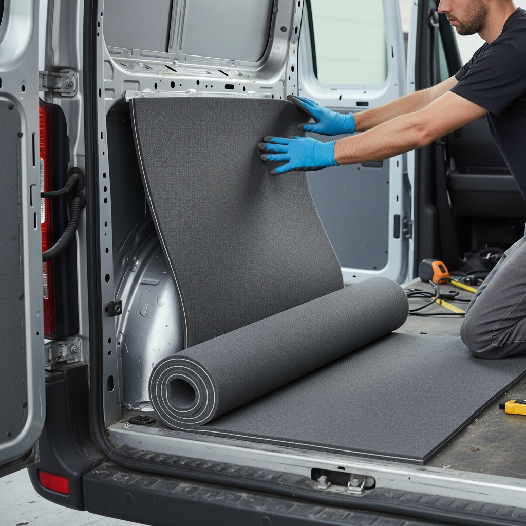 Person fitting a van with Premium Heavy Duty Sound Absorbing Mat with 3 Layer Construction, illustrating soundproof, acoustic noise reduction, and sound insulation for effective vibration damping in automotive settings.