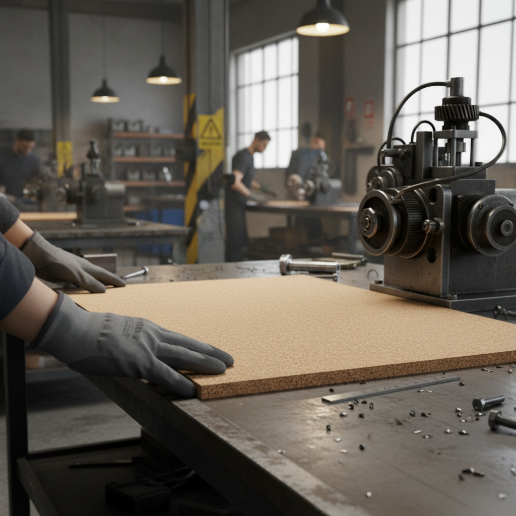 Premium Fine Grain Non-Adhesive Cork Sheets - 915mm x 610mm, 45mm Thick - 2 Pack held by gloved hands on a workbench, amidst metalworking tools, ideal for soundproofing and acoustic insulation applications.