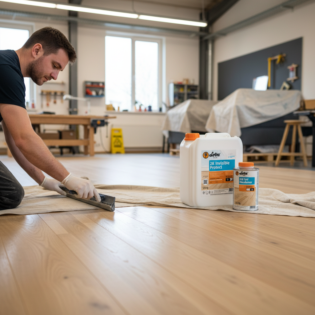 Premium Waterborne Surface Protection for Parquet and Hardwood Floors - 5KG, with Excellent Chemical and Abrasion Resistance, shown in a workshop setting, enhances soundproofing and acoustic insulation for long-lasting, natural wood appearance.