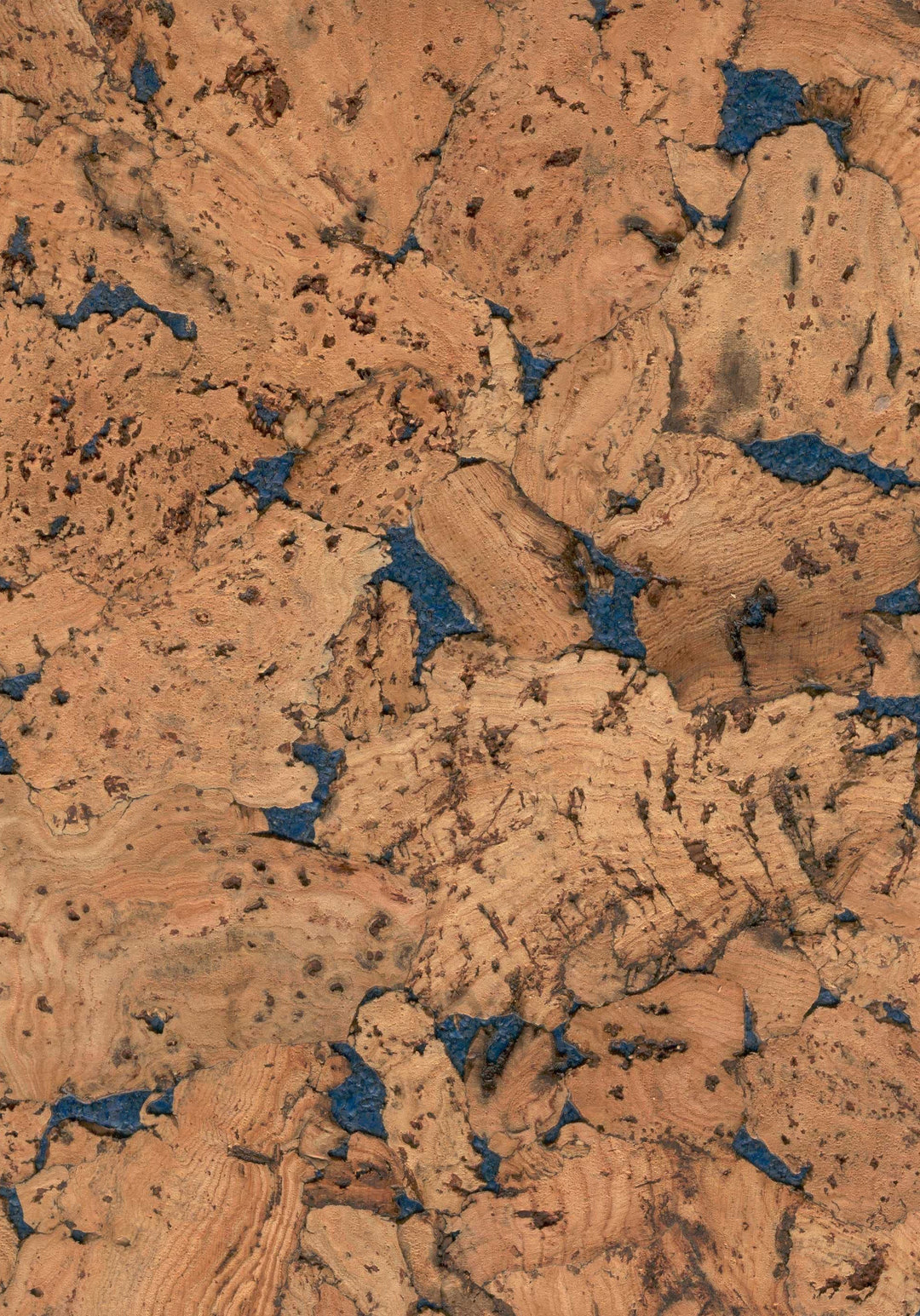 Blue Patterned Cork Wall Tiles – Decorative Acoustic Panels 600x300mm | Pack of 11 | 1.98m² Coverage showcases tan cork fragments with bold blue resin accents, offering soundproofing, noise reduction, and thermal insulation. Ideal for creative spaces.