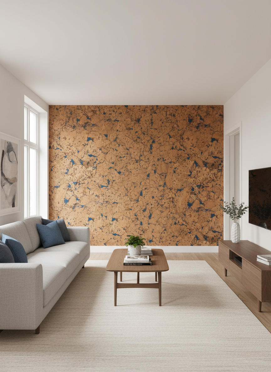 Blue Patterned Cork Wall Tiles, 600x300mm, Pack of 11, 1.98m² Coverage, feature prominently as a decorative acoustic panel, enhancing soundproofing and noise reduction in stylish living room settings.