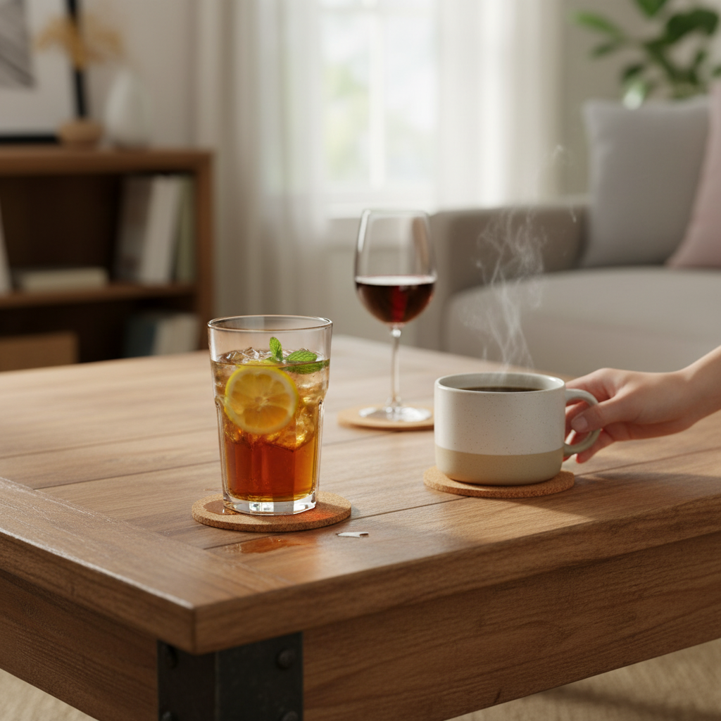 Premium Non-Adhesive Cork Coaster Sheets - 95mm Diameter, 2mm Thick, Pack of 50, shown with beverages, ideal for soundproofing, noise reduction, and acoustic applications in cozy home settings.