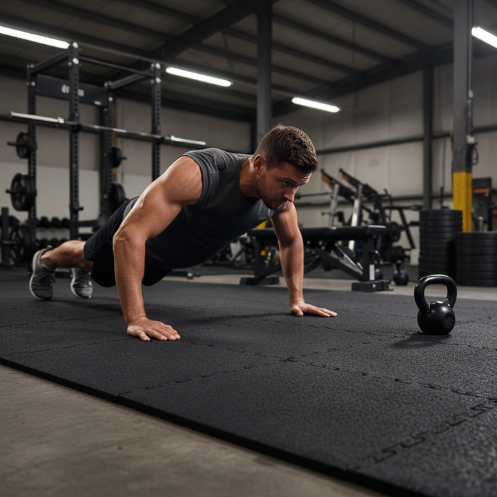 A muscular man performs a push-up on a Premium Duo Interlocking Gym Floor Tile 1m x 1m - High-Density Rubber, showcasing its durability, acoustic insulation, noise reduction, and vibration damping in a gym setting.
