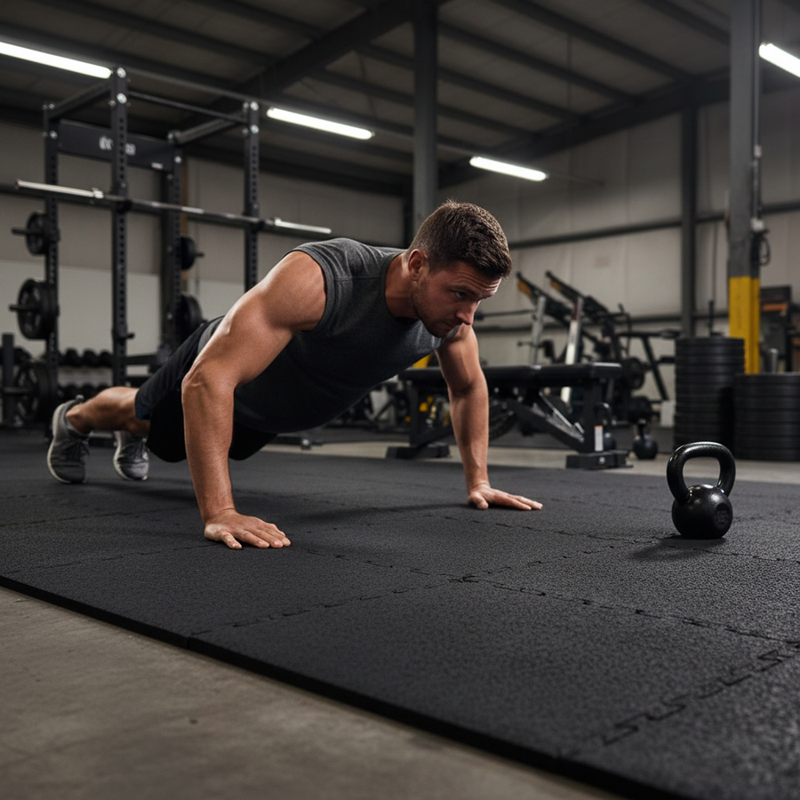 A muscular man performs a push-up on a Premium Duo Interlocking Gym Floor Tile 1m x 1m - High-Density Rubber, showcasing its durability, acoustic insulation, noise reduction, and vibration damping in a gym setting.