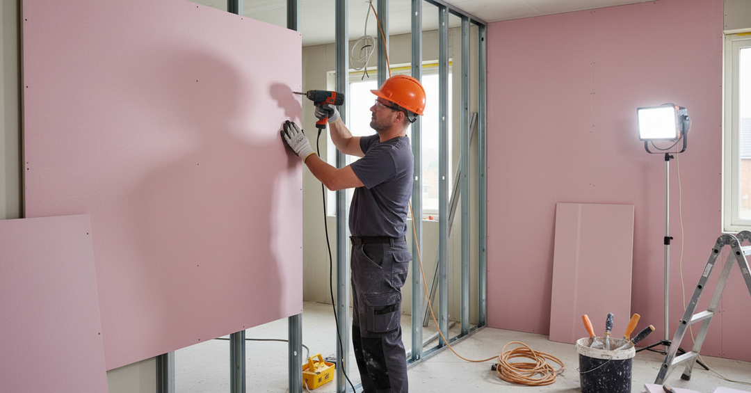 Worker fastening Premium Heavy Duty Fire Resistant Plasterboard 12.5mm 2.88m² to metal stud frame, ideal for soundproofing, acoustic insulation, and noise reduction in construction, enhancing fire safety for walls and ceilings.