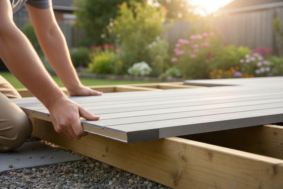 Hands installing a decking board over wooden joists, showcasing the Premium Self-Adhesive Edging Strip 25mm x 5.6m for Skirting Boards with Expansion Gap Feature, ideal for soundproof, acoustic, noise reduction projects.