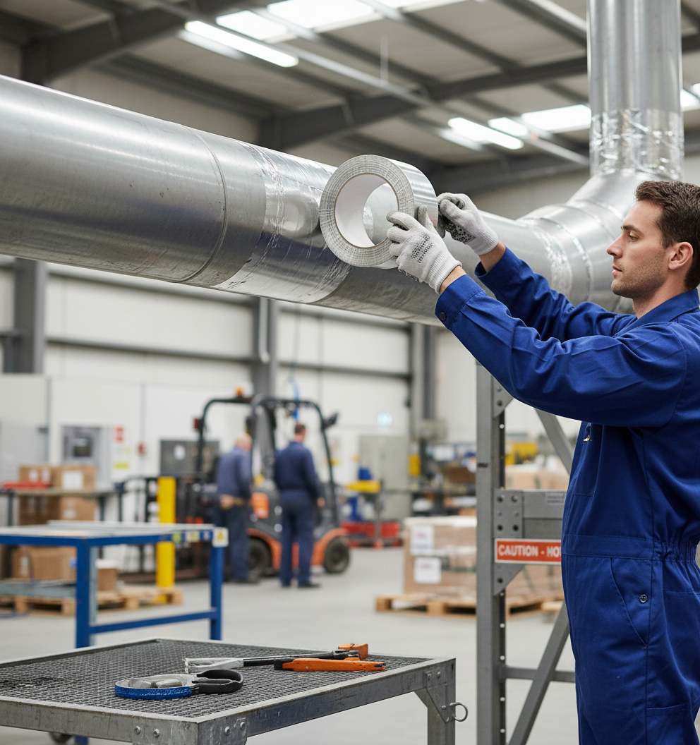 Trades-worker applying Premium Aluminium Foil Finishing Tape 48mm x 45m with Hi Tack Adhesive for Seam Sealing and Professional Appearance on metal duct, essential for soundproofing and acoustic insulation in industrial settings.