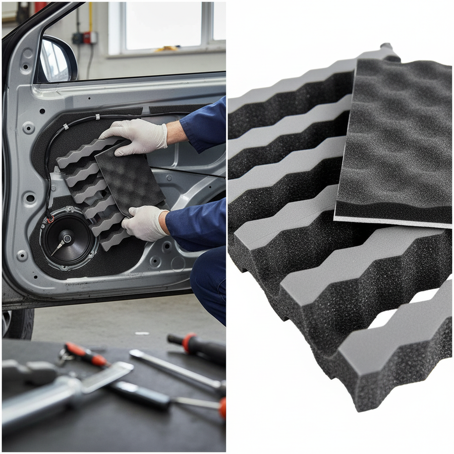 Premium Soundproofing Speaker Enhancer Kit with Flex Strips and Liner Pads installed in a car door for improved audio quality, showing convoluted acoustic foam reducing vibration and noise, enhancing sound insulation and performance.