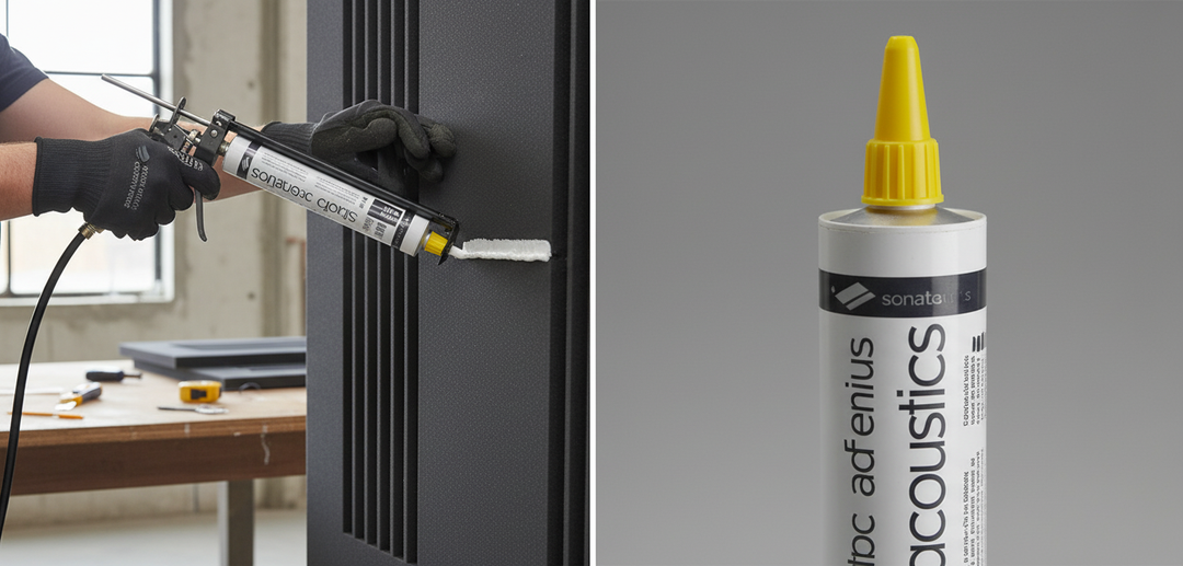 Professional Clear Odourless Adhesive for Acoustic Panel Bonding - 300ml Cartridge with High Coverage, shown in use with a foam-dispensing gun injecting expanding sealant into a panel joint, ensuring soundproofing and noise reduction.