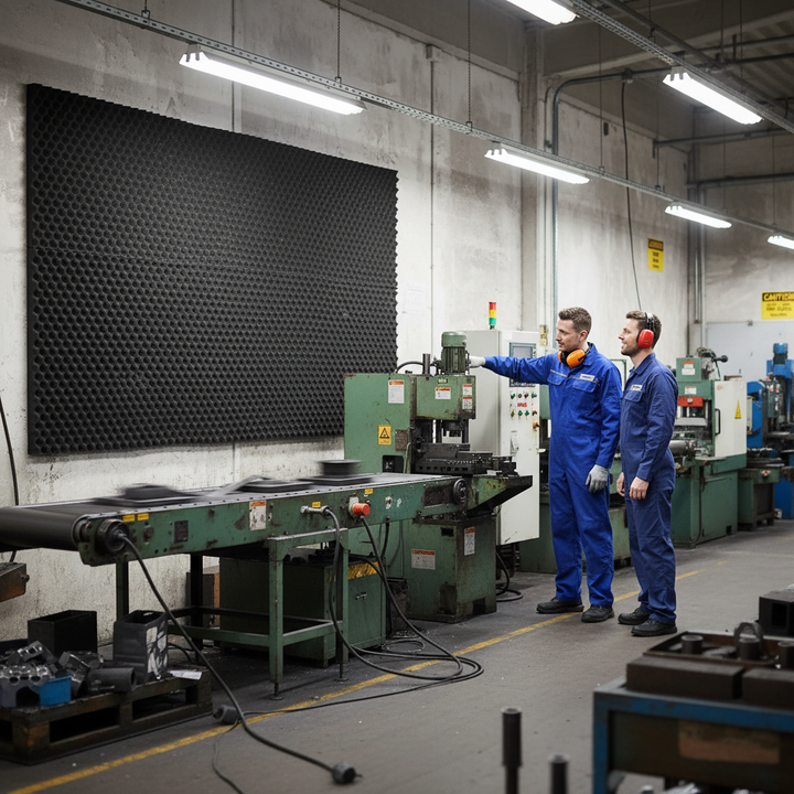 Two workers operate a metal press in a factory, highlighting the Premium Sound Absorber Foam Sheet 35mm Thick for High Frequency Noise Reduction and Absorption, ideal for soundproofing and acoustic insulation.