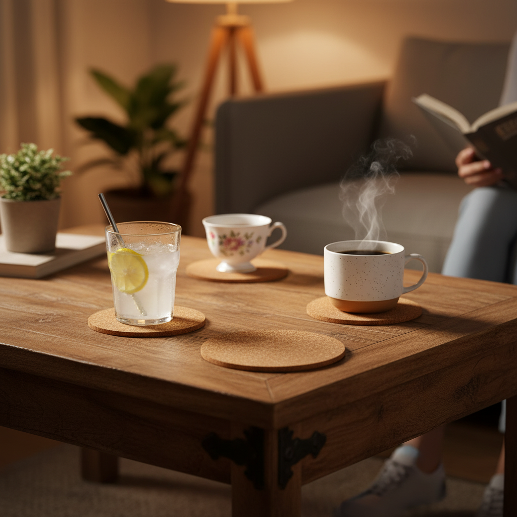 Premium Non-Adhesive Coaster Cork Sheets - 95mm Diameter, 4mm Thick, showcased in a cozy living-room setting, ideal for soundproofing, acoustic projects, and surface protection. Perfect for versatile applications.