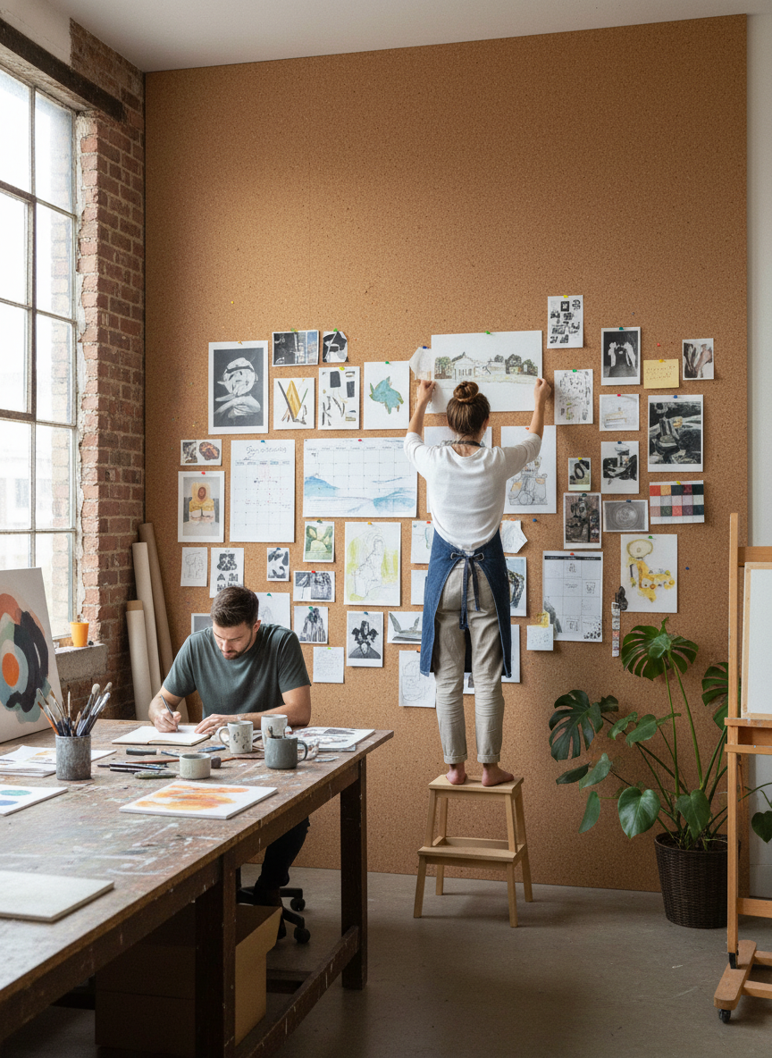 Premium Large Feature Wall Cork Roll - 4m x 1.22m - 6mm Thick Natural Cork for Interior Walls enhances soundproofing and acoustic insulation, ideal for studios; visible on a corkboard in a creative workspace.