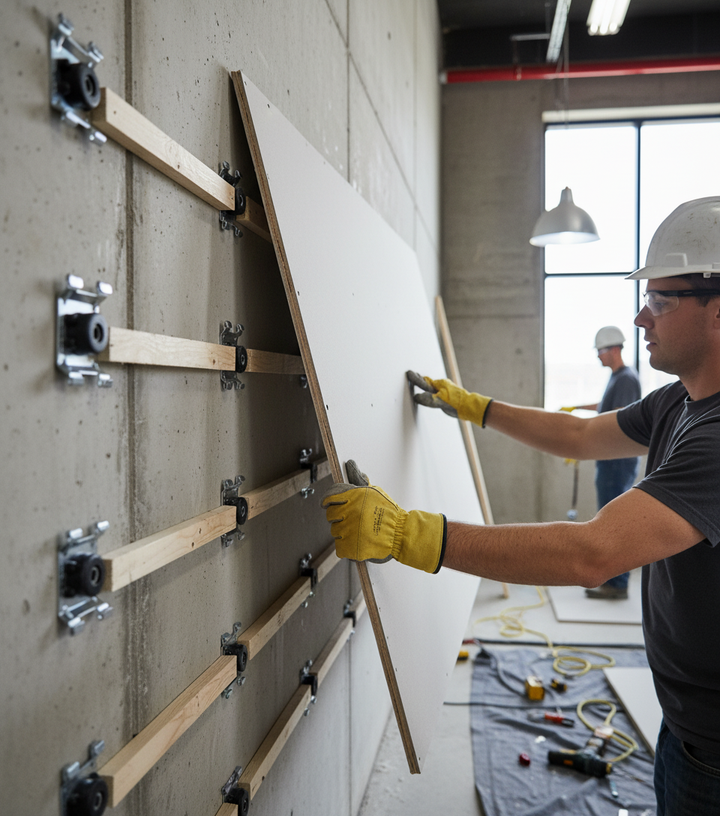 Tradespeople installing drywall with Premium Heavy Duty Acoustic Performance Mounts, enhancing soundproofing and noise reduction in wall assemblies through effective sound insulation and vibration damping.