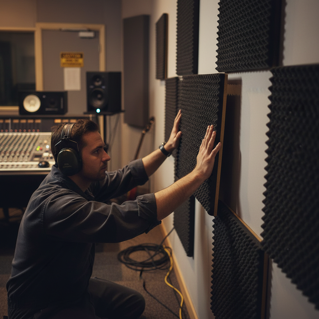 Person adjusting Premium Noise-Absorbing Foam Material 35mm Thick with Self-Adhesive Layer for Effective Soundproofing in Vehicles, in a recording room, highlighting its soundproof and acoustic noise reduction properties.