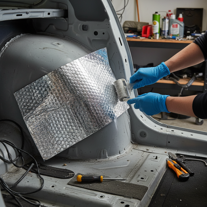 Applying Premium Self-Adhesive Sound Deadening Sheets - 30 Pack, High-Grade Butyl Construction, Flexible for Easy Installation - to a car interior using a roller tool for effective soundproofing and vibration damping.