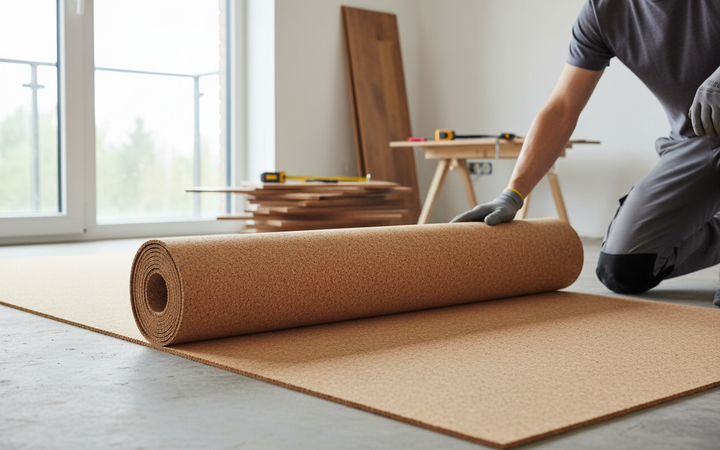 Person unrolling Premium Natural Cork Underlay Roll Samples - Acoustic Insulation Options in Various Thicknesses, amidst flooring installation scene with measuring tools, highlighting soundproofing and noise reduction for enhanced acoustic comfort.