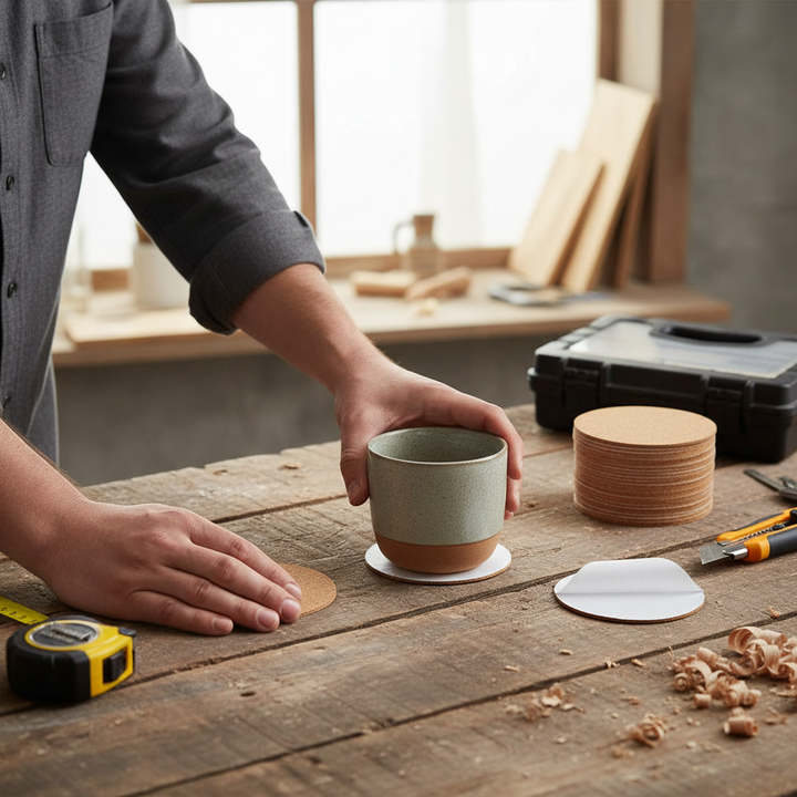 Premium Adhesive Coaster Cork Sheets - 100mm Diameter, 2mm Thickness, Pack of 50 showcased on a woodworking bench, highlighting their soundproof and noise reduction potential for versatile DIY acoustic applications.
