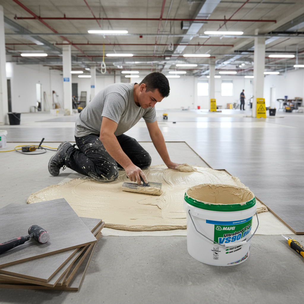 Tradesman applying Premium Heavy Duty Wet-Bed Adhesive for PVC and Rubber Flooring, 15kg, using a notched trowel in a renovation scene. Suitable for soundproofing and acoustic insulation in high-traffic areas.
