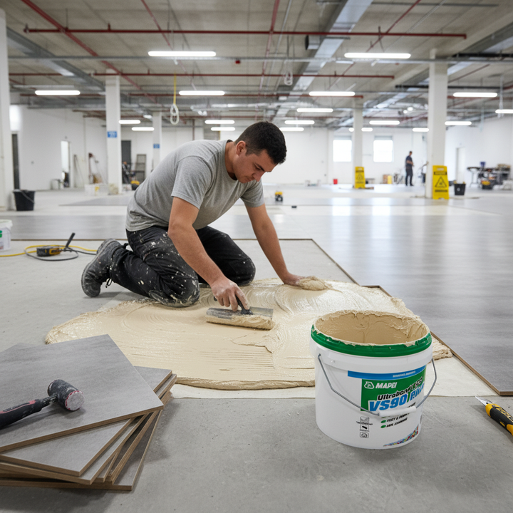 Tradesman applying Premium Heavy Duty Wet-Bed Adhesive for PVC and Rubber Flooring, 15kg, using a notched trowel in a renovation scene. Suitable for soundproofing and acoustic insulation in high-traffic areas.