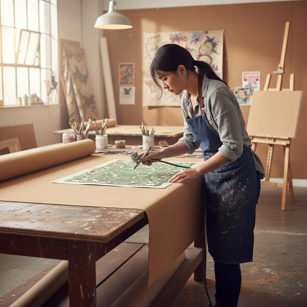 Premium Large Cork Roll - 10 Metres x 1 Metre, 3mm Thick for Interior Applications, shown in an artist's studio, ideal for acoustic insulation and soundproofing, enhancing creative spaces with noise reduction.