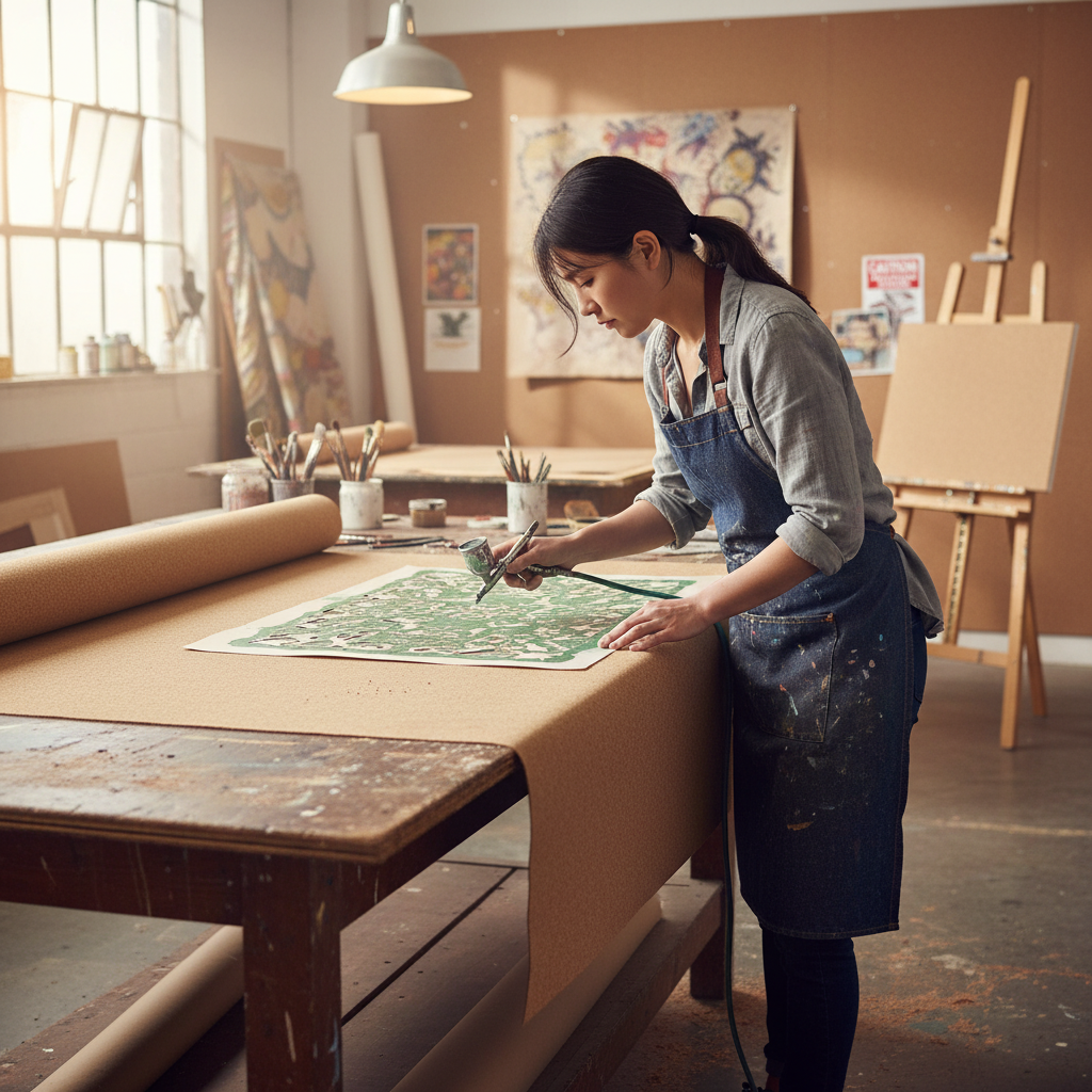 Premium Large Cork Roll - 10 Metres x 1 Metre, 3mm Thick for Interior Applications, shown in an artist's studio, ideal for acoustic insulation and soundproofing, enhancing creative spaces with noise reduction.