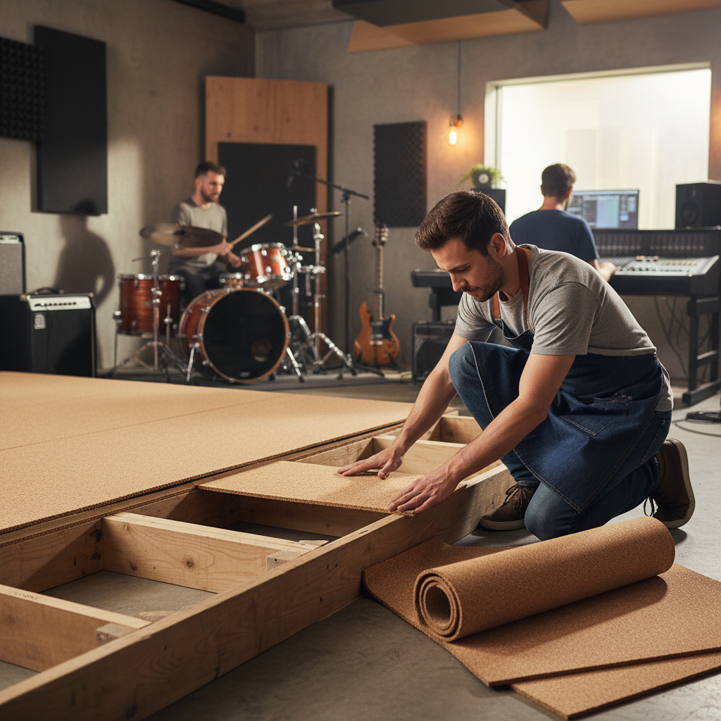 Premium High Density Cork Rolls - 915mm x 305mm, 4mm Thick - Pack of 3, showcased in a studio retrofit for soundproofing, with a man installing cork panels for acoustic and vibration damping enhancement.