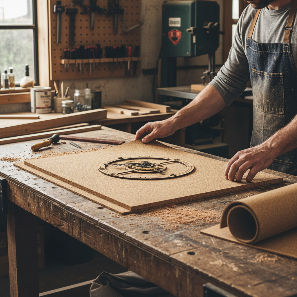 Woodworker applying Premium Fine Grain Non-Adhesive Cork Sheets, 915mm x 610mm, 5mm thick, onto a clock panel. Ideal for soundproofing, acoustic insulation, noise reduction, and vibration damping. Pack of 2.