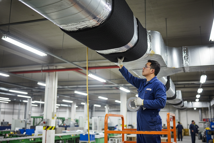 Technician on lift applies Premium Multi-Purpose Acoustic Barrier with Lead for enhanced sound attenuation, showcasing soundproofing and noise reduction in industrial ductwork, ideal for various sound insulation and vibration damping applications.