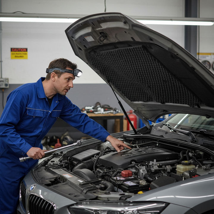 Mechanic with wrench inspects BMW engine, showcasing Premium 15mm Sound Absorber Sheet - High-Performance Polyurethane Foam for Superior Noise Reduction, perfect for acoustic insulation in automotive and home applications.