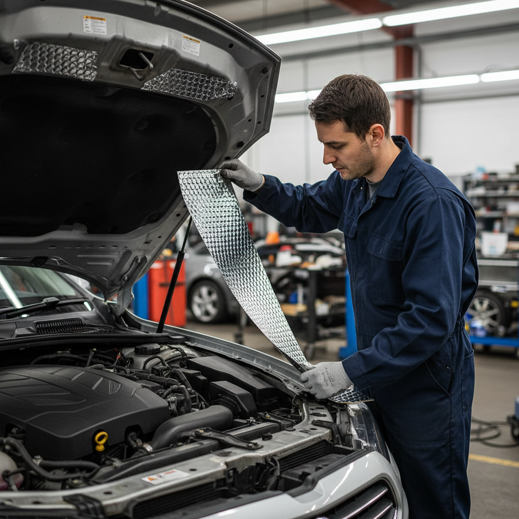 Mechanic installs Premium Self-Adhesive Sound Deadening Vibration Damper Sheet with High-Grade Butyl Construction and Hex Embossed Design on car hood, enhancing noise reduction and soundproofing in auto-repair setting.